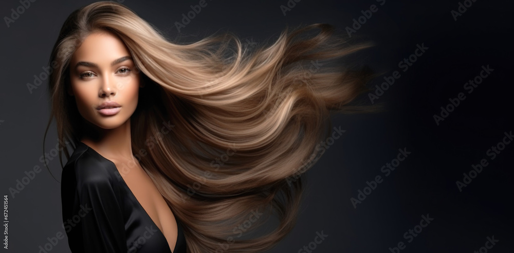 Portrait of Beautiful Blonde Black Woman with Long Straight Wavy Hair Flying in the Wind. Copy Space Banner Portrait of Beautiful Blonde Black Woman with Long Straight Wavy Hair Flying in the Wind. Copy Space Banner