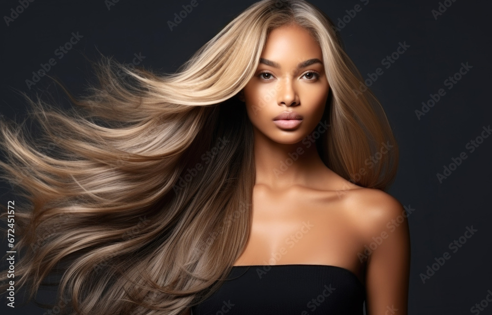 Obraz na płótnie Portrait of Beautiful Blonde Black Woman with Long Straight Wavy Hair Flying in the Wind w salonie