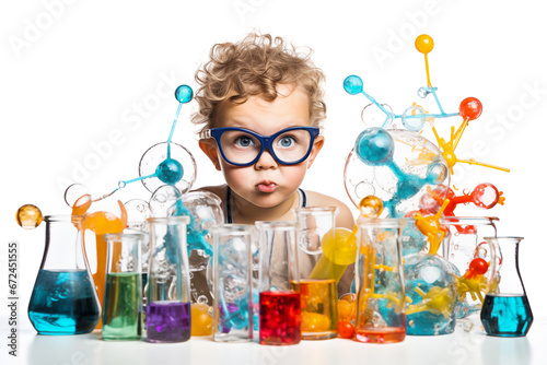 Surprised Child Boy Observing Colorful Chemical Reaction Isolated on White Background