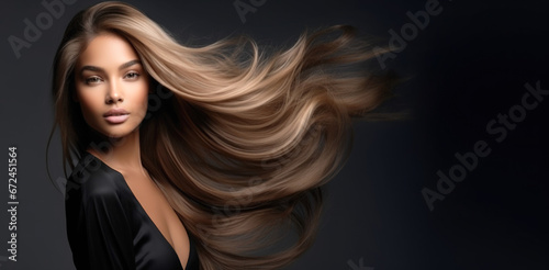 Portrait of Beautiful Blonde Black Woman with Long Straight Wavy Hair Flying in the Wind. Copy Space Banner