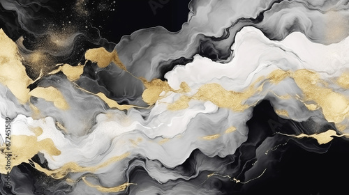 Black, White, Gray and Gold Veins Marble Texture Wave Background Banner