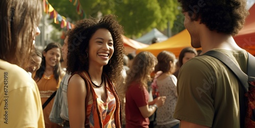 A dynamic community festival. a person of mixed Asian and African descent, in their late 20s, wearing a vibrant, multicolored shirt and jeans. friendly demeanor, exchanging greetings and small talk wi