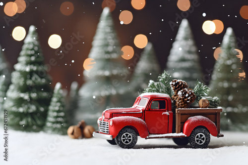 red christmas truck, car toy, Christmas gifts, vintage Christmas car, chrismas symbol, winter holidays concept, Christmas greeting card,bokeh background, celebration wallpaper © elina