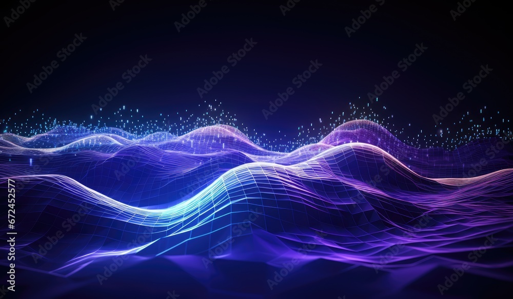 Blue and purple waves and lines presenting data visualization, futuristic space aesthetic, created with AI