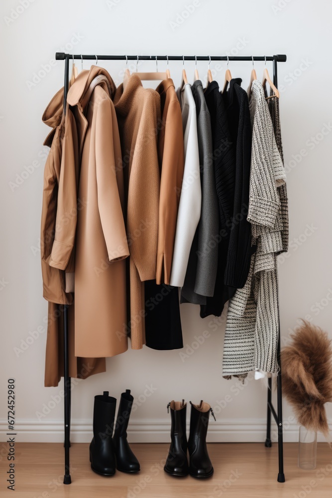 Minimal trendy capsule wardrobe in natural colors for cold weather. Autumn and winter fashion - obrazy, fototapety, plakaty 