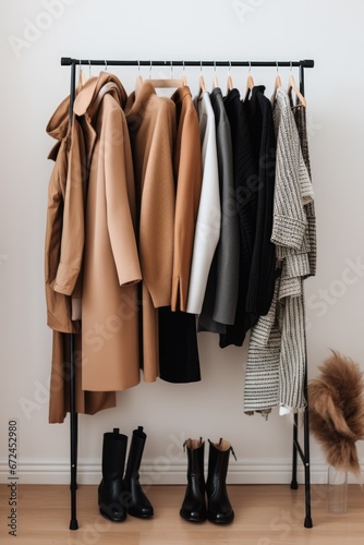 Minimal trendy capsule wardrobe in natural colors for cold weather. Autumn and winter fashion photo