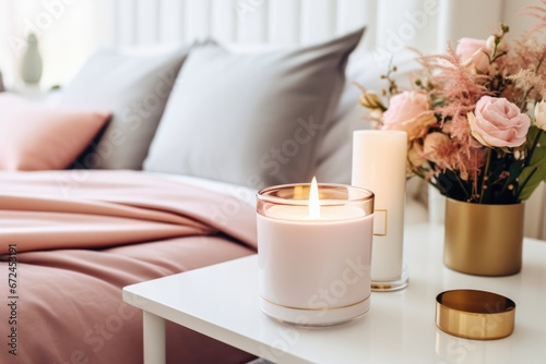 Aroma candle mock up, warm aesthetic composition. Cozy home comfort, relaxation and wellness concept. Interior decoration mockup photo