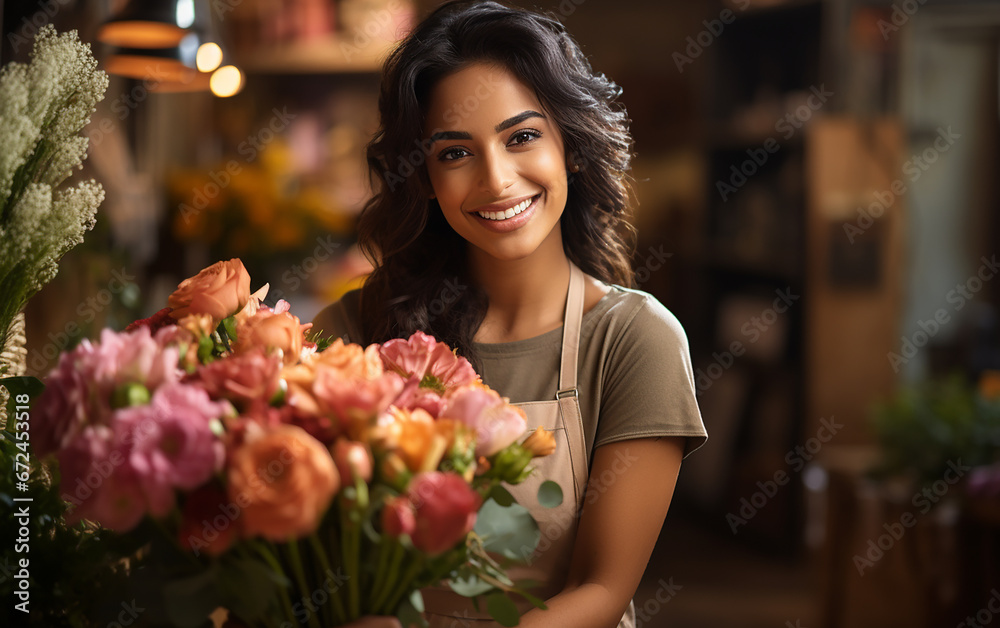 Fototapeta premium Picture of beautiful indian woman florist while working.