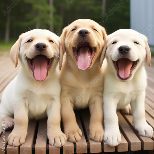 Cute three Labrador Retrievers puppies outdoor