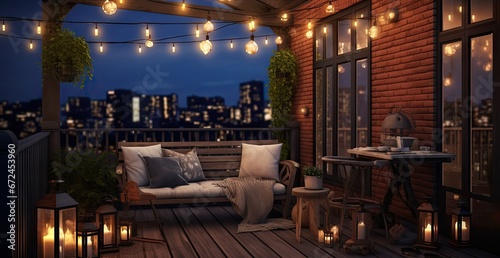 Outdoor balcony with warm lights and lighting created with AI