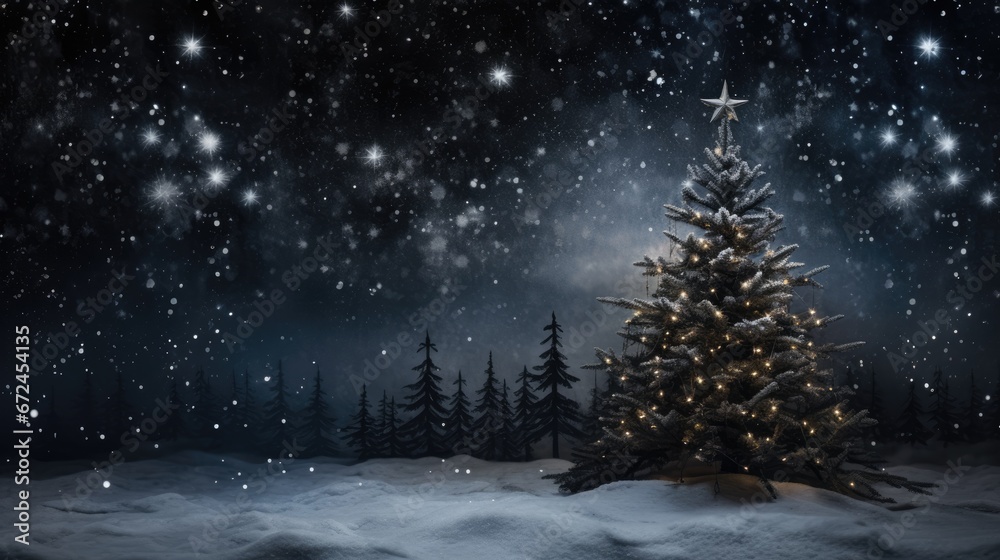 Decorated Christmas tree with garland lights in winter night forest fantasy landscape background. Happy New Year, Marry Xmas, Winter Holidays concept. Festive wallpaper for greeting card, flyer.