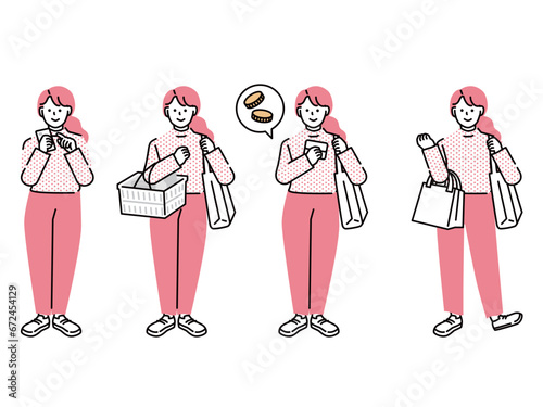 買い物をする人のイラスト(女性、主婦、母親、30歳、お金、決済、キャッシュレス、ポイントを貯める)