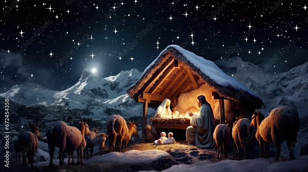 Nativity scene, christian Christmas - obrazy, fototapety, plakaty 