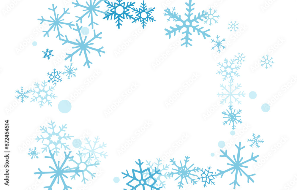 Square winter snow frame with blue snowflakes on a white background. Festive Christmas banner, New Year card. Symbols of frosty winter. Vector illustration. Square winter snow frame with blue snowflakes on a white background. Festive Christmas banner, New Year card. Symbols of frosty winter. Vector illustration.