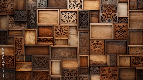 Wooden mosaic in oriental style. Generation AI photo