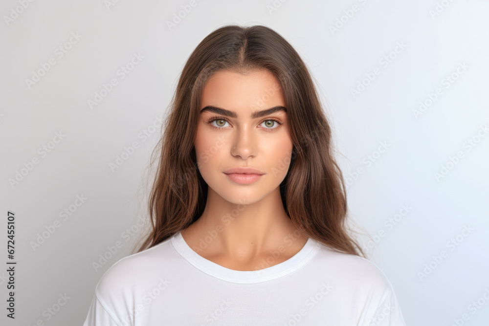 Lovely brunette portrait in white t shirt isolated. Lovely brunette portrait in white t shirt isolated.