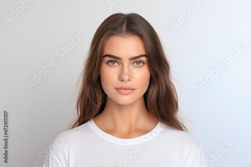 Lovely brunette portrait in white t shirt isolated.