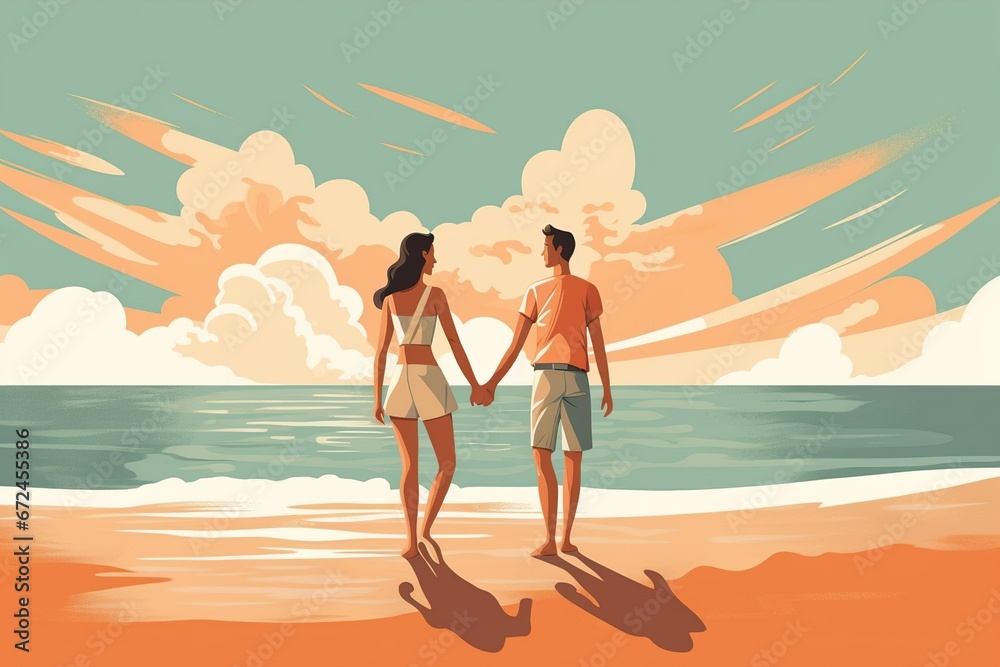 Man and woman holding hands on the beach being on vacation, concept of Love