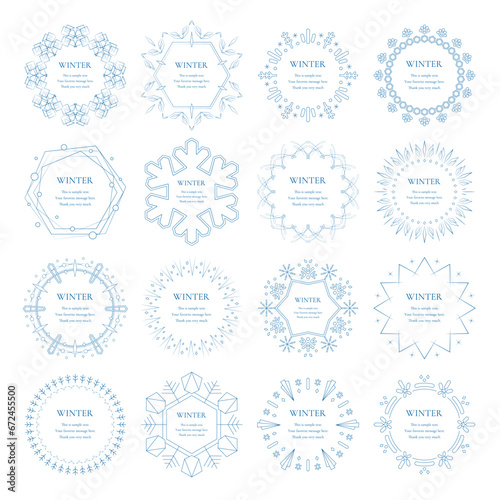 素材_フレームのセット_雪の結晶と光をモチーフにした冬の飾り枠。高級感のある囲みのデザイン