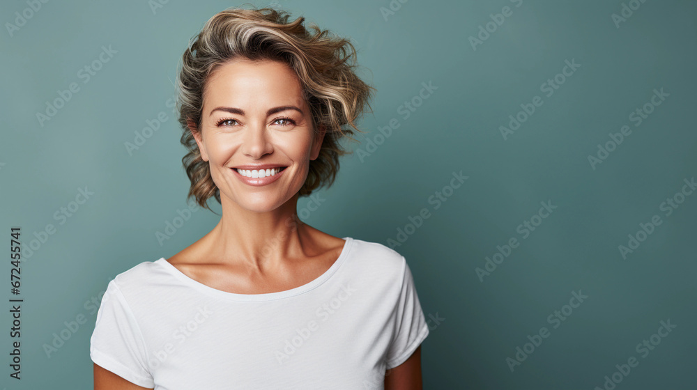 Portrait of a good looking smiling middle-age woman - obrazy, fototapety, plakaty 