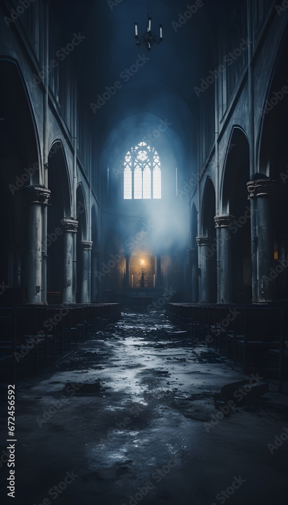 Gothic abandoned dark church interior. Mystic, horror, surreal, dramatic scene. Halloween realistic disturbing background. Digital 3D illustration wallpaper