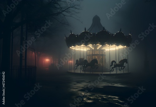 Creepy, Abandoned and Haunted Amusement Park, carousel, dark tragic foggy atmosphere, Fairground, red  purple Circus, Illustration concept Art photo