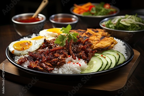 Bebek goreng or spicy fried duck with rice. Indonesia cuisine on black background. Asian traditional street food.