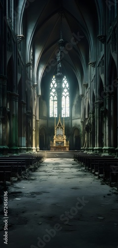 Gothic abandoned dark church interior. Mystic, horror, surreal, dramatic scene. Halloween realistic disturbing background. Digital 3D illustration wallpaper