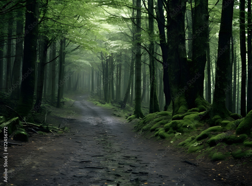 Photo of green foggy forest lonely path. Fairy tale magical spooky looking woods in a misty day. Cold foggy morning in horror scene