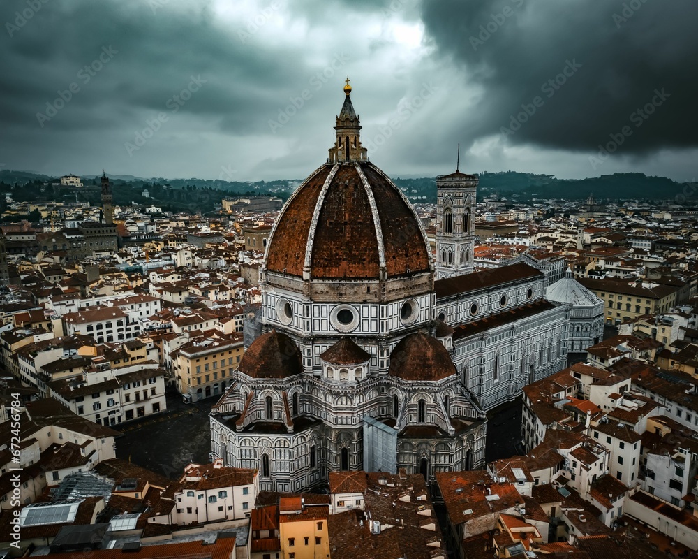 Aerial view of Santa Maria del Fiore of Florence, Italy on a cloudy day