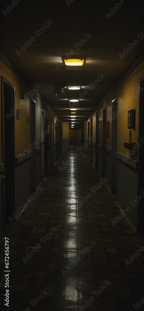 Dark mysterious corridor in old building. Door room perspective in lonely quiet home with walkway heading to the light at the end of the way, black and white style. horror scene fear concept, hostel