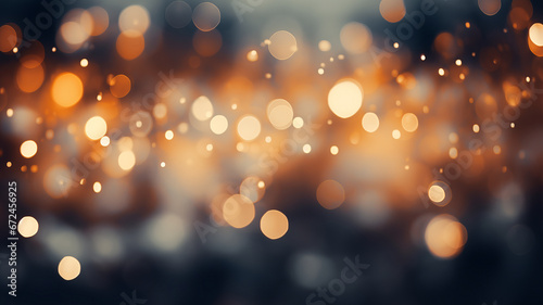 Golden defocused bokeh christmas lights lights on dark background. Festive bokeh with glow and warm flares
