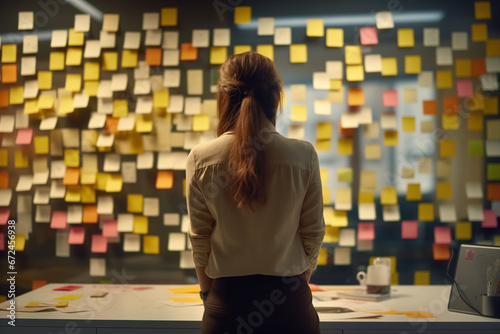 Stressed Young female employee standing backwards with conflicting priorities and To many sticky notes and reminders in the office photo
