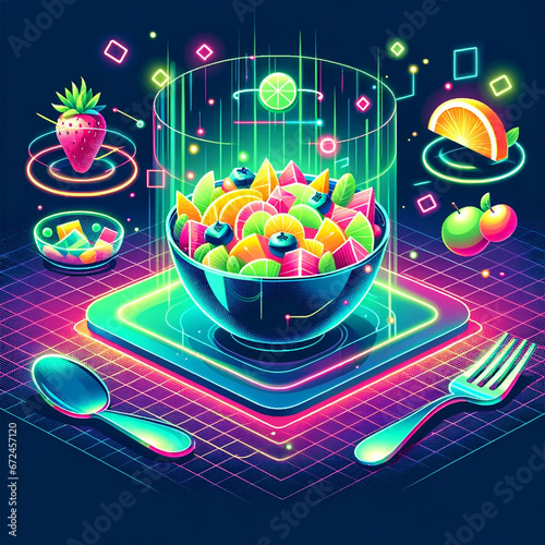 Flat style vector illustration of neon colored futuristic floating food.  The scene features holographic utensils and dishes that levitate.