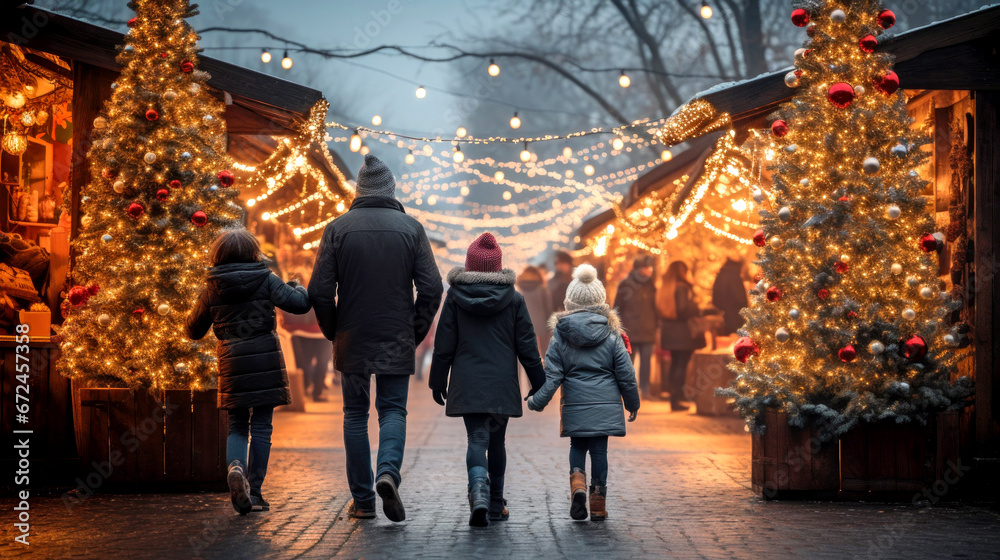 A family with their daughters walks through the Christmas market between tents and decorated fir trees. The city is illuminated by lights of garlands