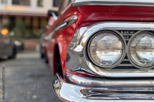 Close-up of the headlights of an American retro car.