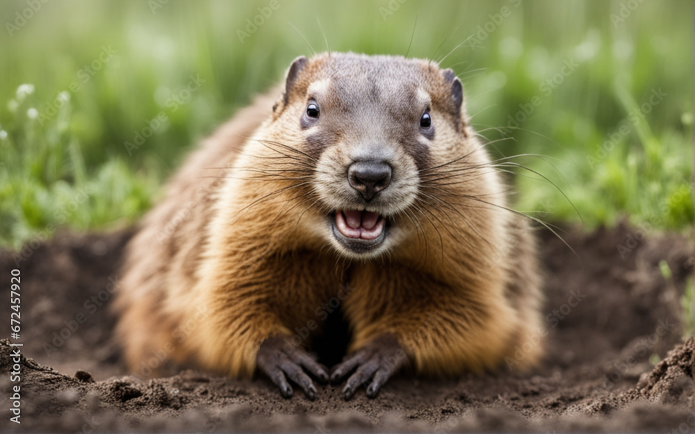 Groundhog Day. Coming out of a hole in the Groundhog smilling. Space for text. Generative AI Groundhog Day. Coming out of a hole in the Groundhog smilling. Space for text. Generative AI