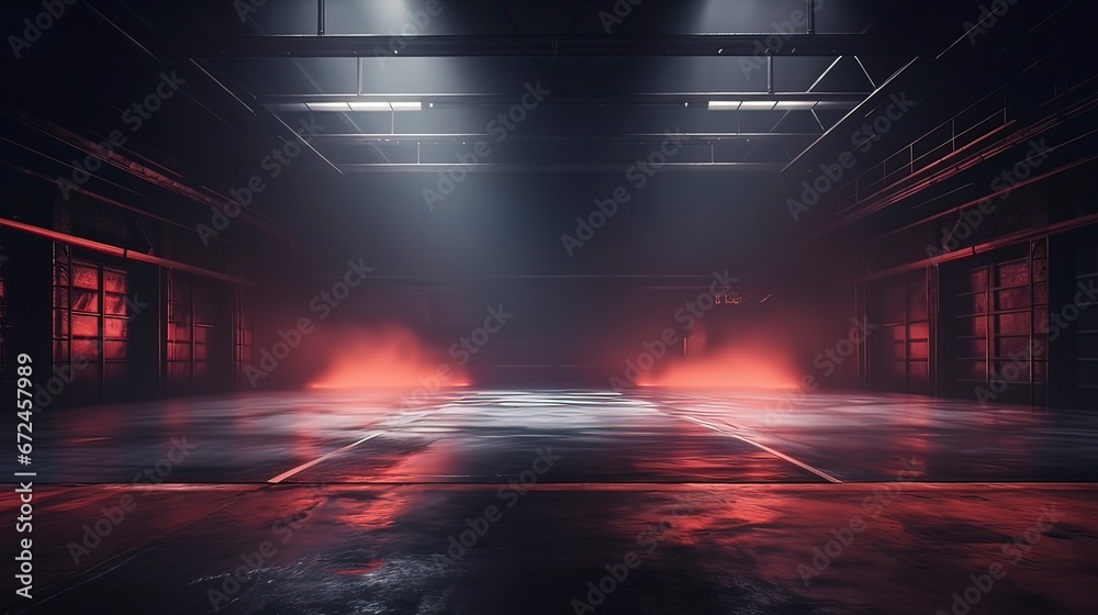 Empty concrete basement, neon light, spotlights, smoke. Generation AI Empty concrete basement, neon light, spotlights, smoke. Generation AI