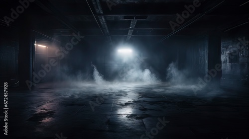 Empty concrete basement, neon light, spotlights, smoke. Generation AI