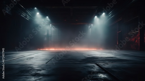 Empty concrete basement, neon light, spotlights, smoke. Generation AI