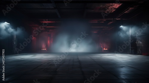 Empty concrete basement, neon light, spotlights, smoke. Generation AI © MiaStendal