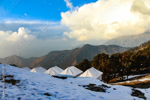 Scenic view of tents at Chandrashila trek with Chopra Tungnath, Uttarakhand, India