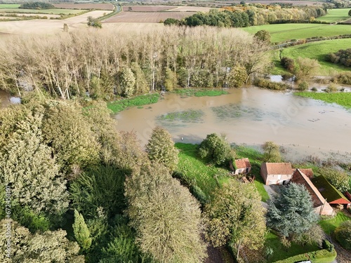 aerial view of extreme flooding at Buttercrambe Village close to Stamford Bridge from the River Derwent Breaching its banks 