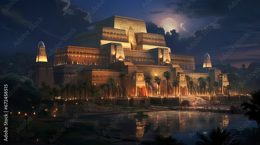 Ancient Egyptian majestic architecture, fantasy landscape. Generation AI