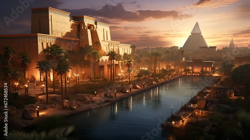 Ancient Egyptian majestic architecture, fantasy landscape. Generation AI