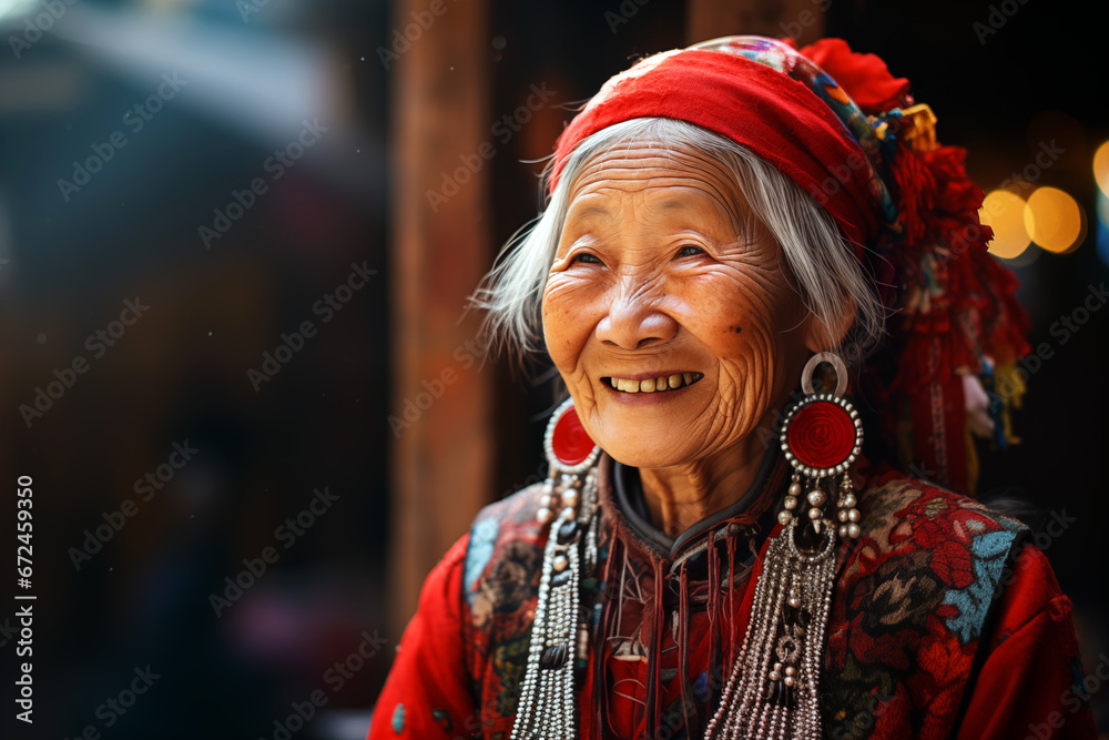 Smiling elderly Asian woman. Old person. AI. - obrazy, fototapety, plakaty 