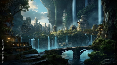 Fantasy city with waterfalls. Generation AI © Terablete