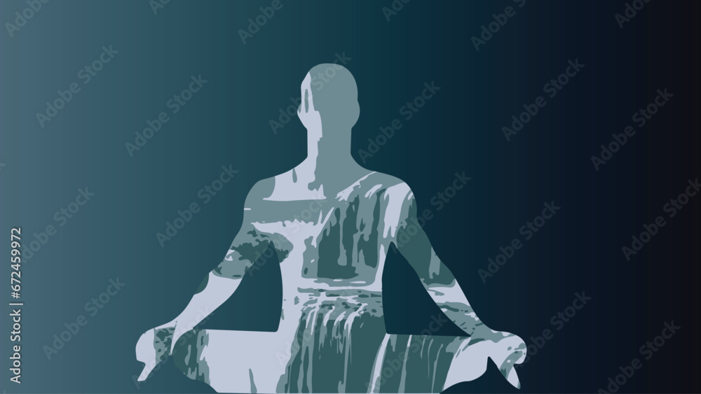 Fototapeta premium Vector illustration of a silhouette of a person in a meditative pose on the blue background