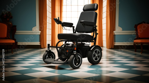 Empty electric wheelchair on a blue checkered floor inside a stylish hallway with a luxurious interior