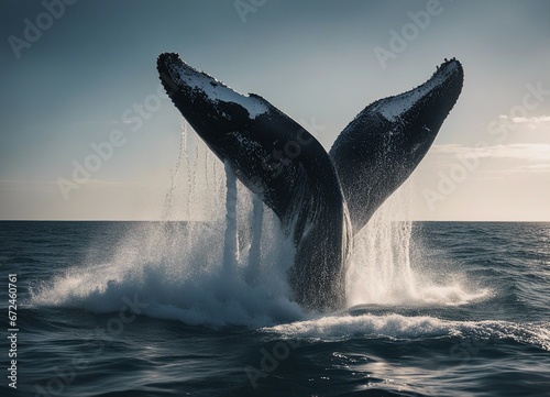 The moment a humpback whale dives into the ocean. its body or tail above the surface of the water